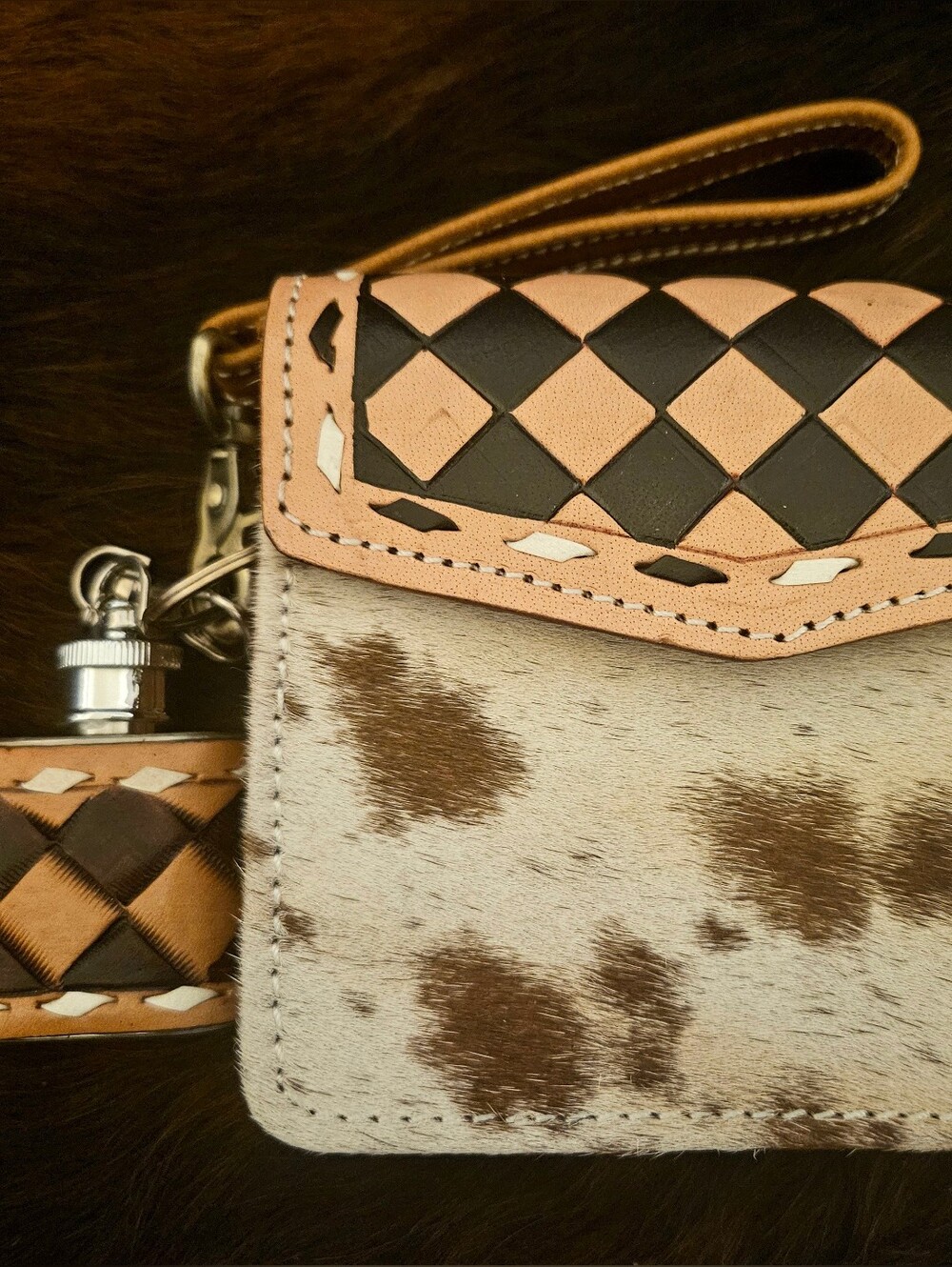 Cowhide & Checkered Leather Wristlet Wallet W/ 1oz mini Flask - Brown/Tan